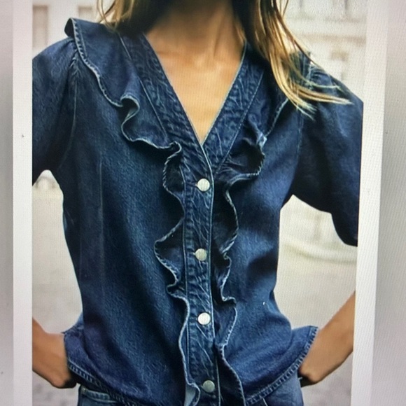 Zara  Ruffled Denim shirt blouse/ Jacket 3/4 sleeves nwt - Picture 7 of 12